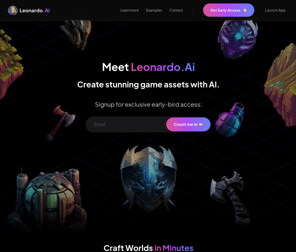 Uma imagem de uma tela de computador exibindo uma ferramenta de login da Leonardo.AI, que oferece acesso a uma plataforma de design 3D e ferramentas de IA para criar e visualizar projetos 3D.