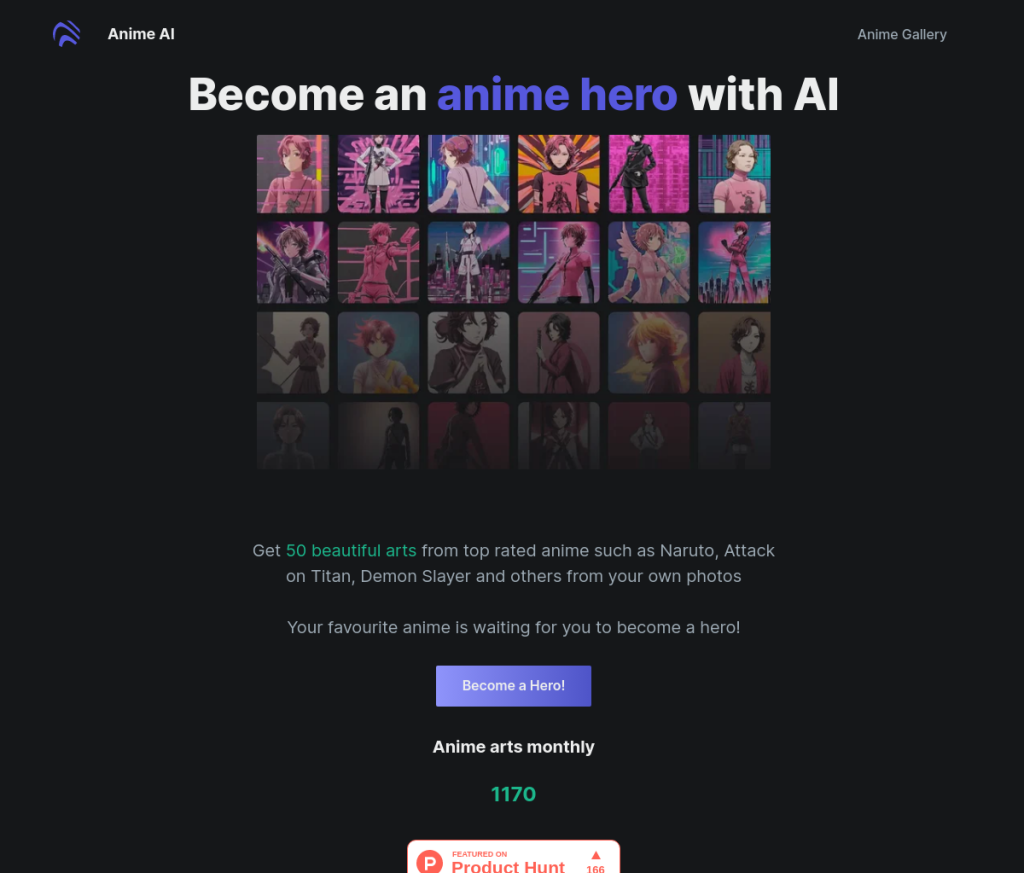 Uma interface de usuário para uma ferramenta de IA chamada AnimeAI Login. Na interface, há uma caixa de texto onde os usuários podem inserir um prompt, um botão para gerar avatares e uma visualização dos avatares gerados. A visualização mostra uma grade de avatares com diferentes estilos e expressões.