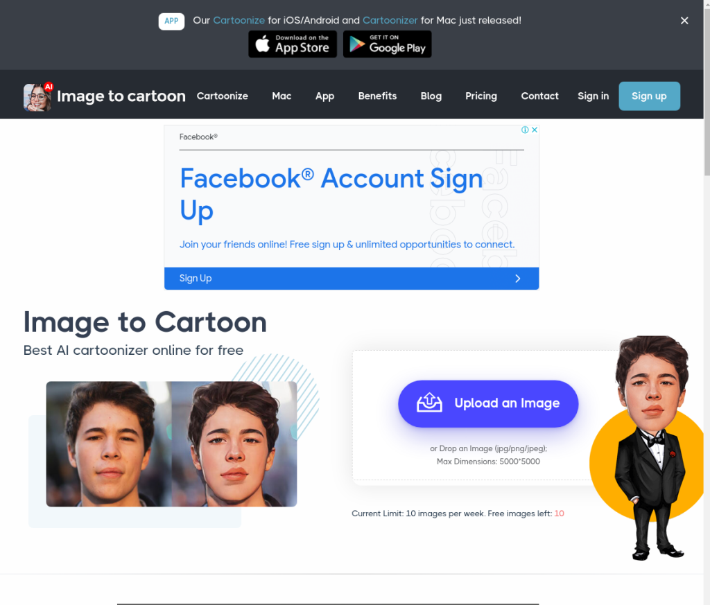 Imagem de uma ferramenta de login chamada Imagetocartoon. A ferramenta permite aos usuários criar avatares de desenho animado a partir de suas fotos.