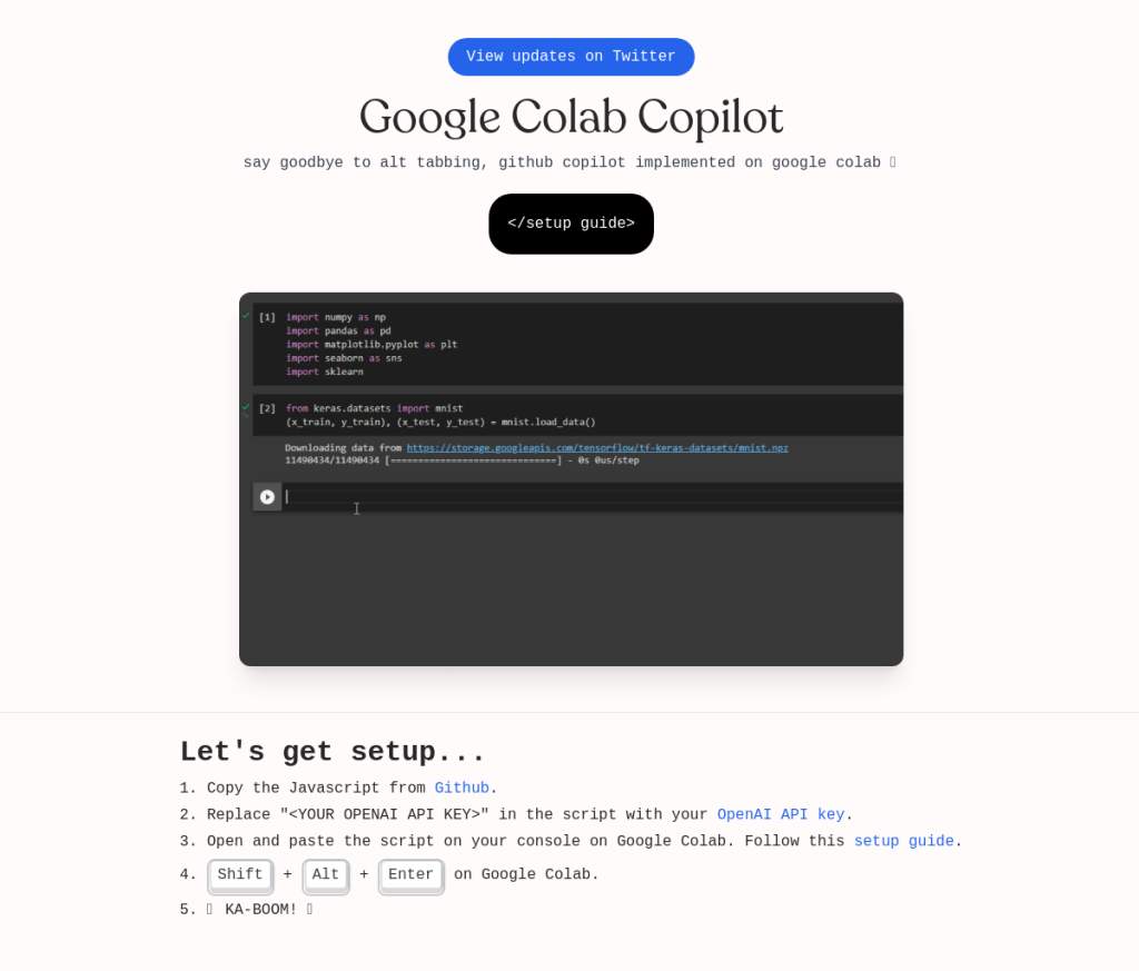 A imagem mostra uma captura de tela da ferramenta Google Colab Copilot, com um prompt de login visível. O Colab Copilot é uma ferramenta de IA que fornece assistência de codificação e permite que os usuários colaborem em projetos de codificação.