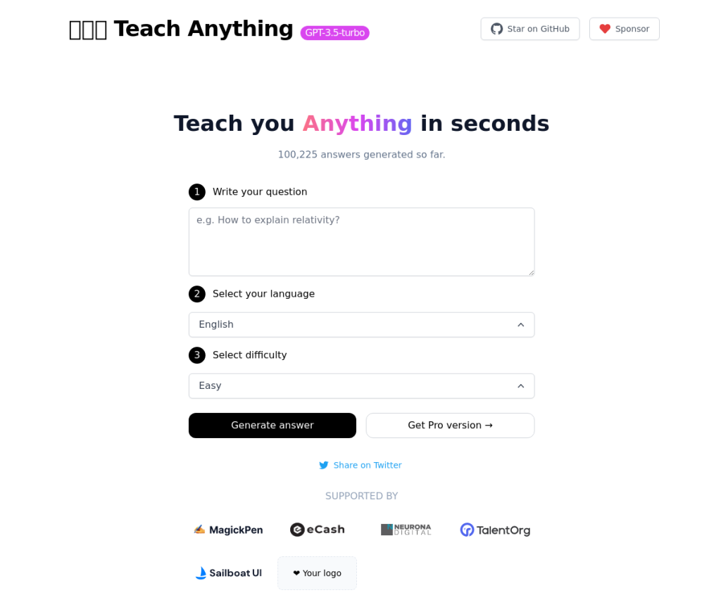 Tela de login do Teach Anything, uma plataforma de aprendizado online que oferece ferramentas para professores e alunos. A tela mostra um campo de texto para inserir um endereço de e-mail, um campo de texto para inserir uma senha e um botão 