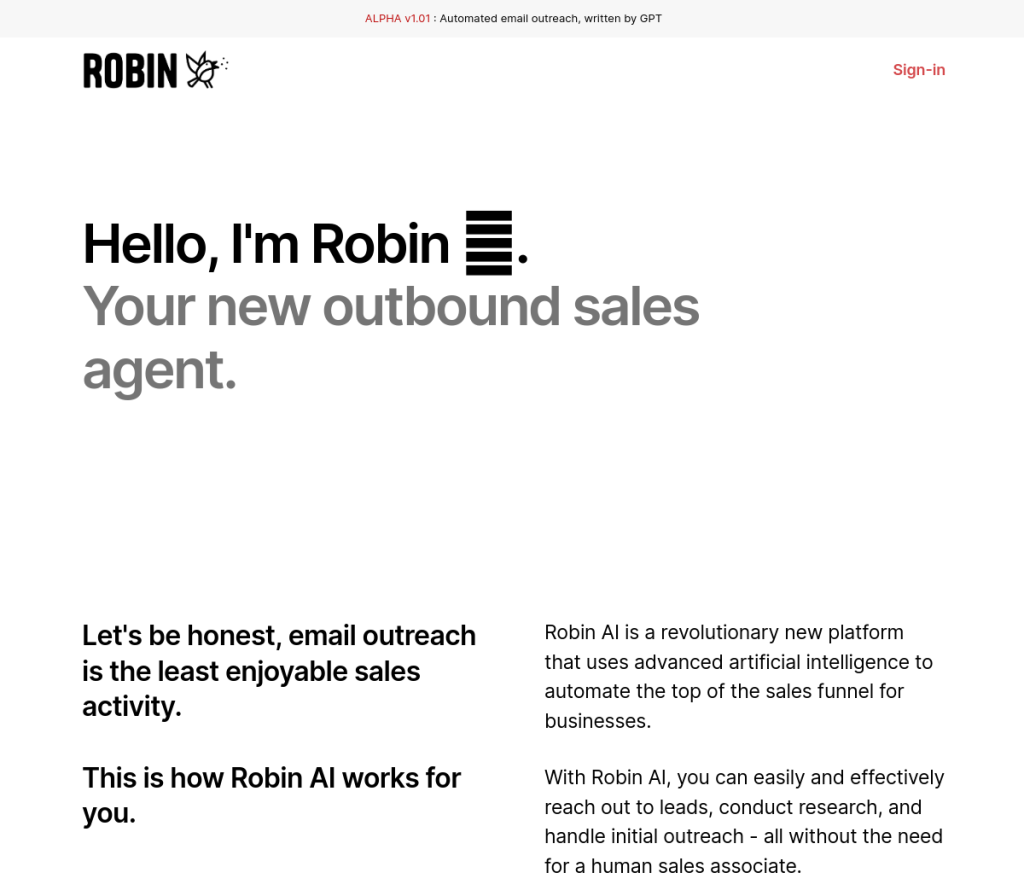 Esta é uma imagem de uma ferramenta de IA de login do Robin, que ajuda os usuários a escrever e-mails. A ferramenta é mostrada como uma caixa azul com um ícone de envelope branco no centro. Há texto acima e abaixo da caixa que diz "Robin Login Tool" e "Write Better Emails, Faster".