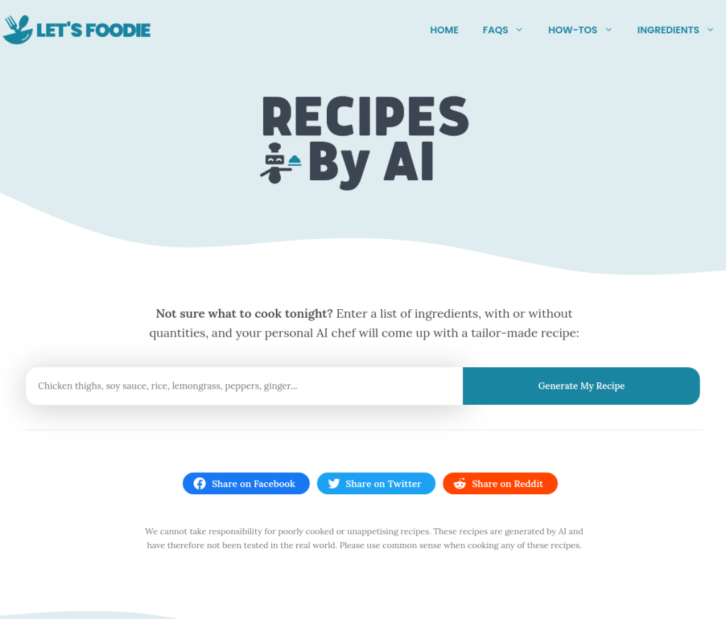 **Descrição do ALT:**

Imagem de uma ferramenta de IA chamada "Recipes by AI" que ajuda os usuários a criar receitas usando inteligência artificial. A ferramenta possui uma interface fácil de usar com uma barra de pesquisa para ingredientes, opções para personalizar as preferências alimentares e um botão para gerar receitas.