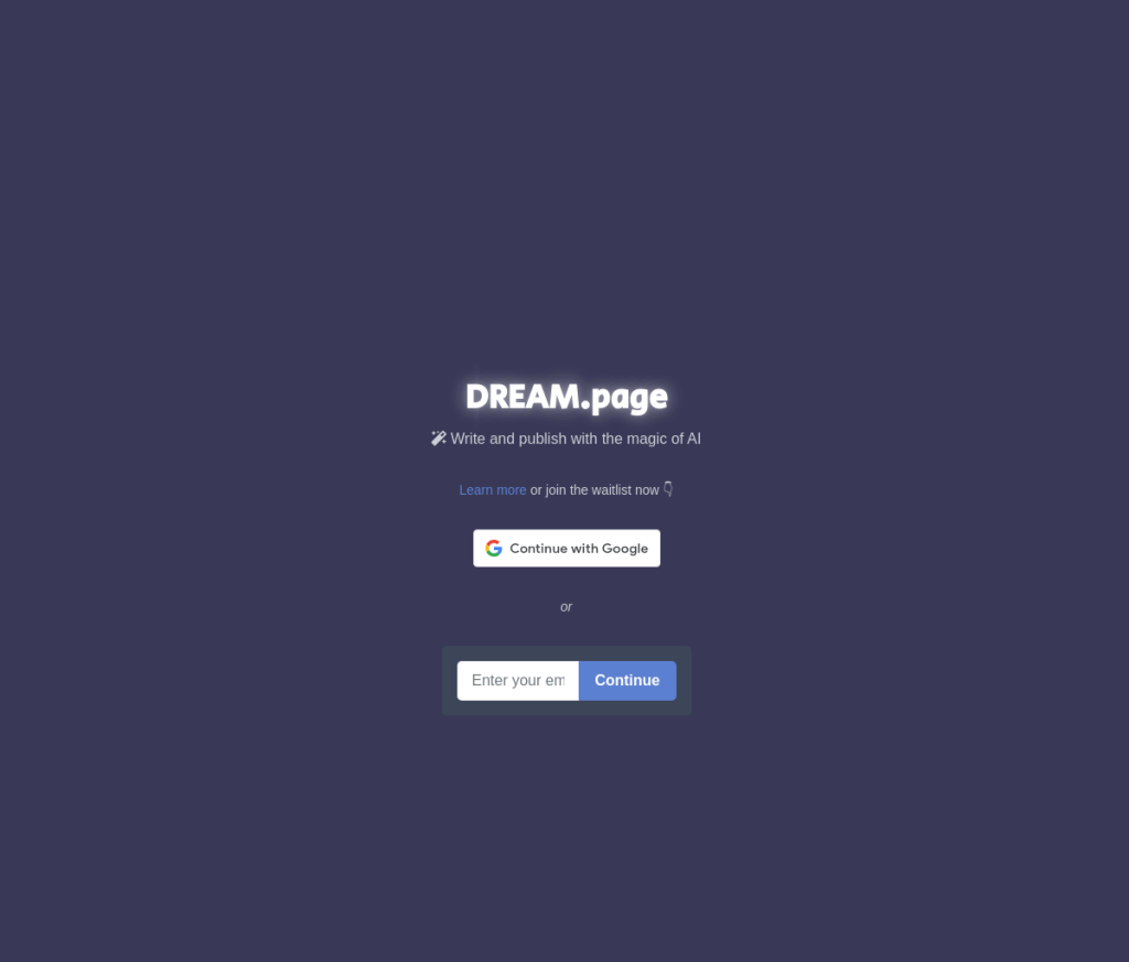 A página de login do Dream.page mostra um campo de entrada de texto para inserir o endereço de e-mail e um botão azul 
