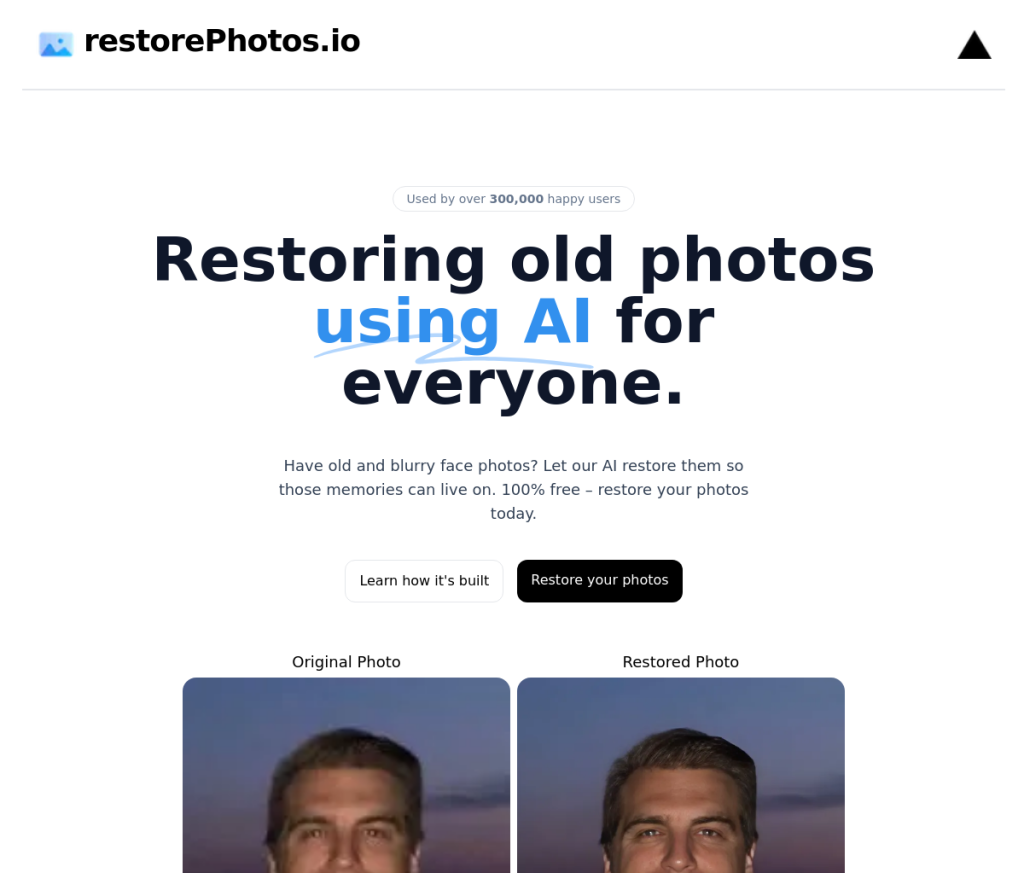 Imagem de uma página de login para o aplicativo RestorePhotos, uma ferramenta de edição de imagens alimentada por IA. A página mostra um campo para inserir um endereço de e-mail e um campo para inserir uma senha. Há também um botão 