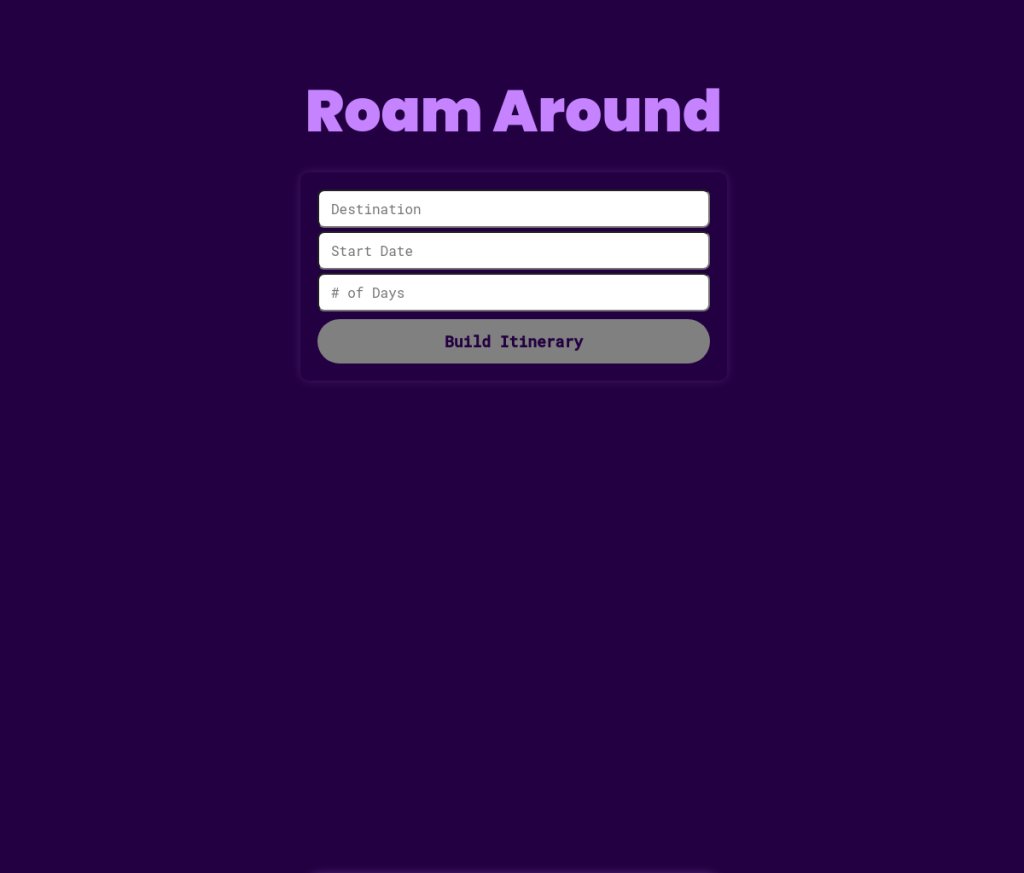 Esta é uma captura de tela da página de login do RoamAround, um serviço baseado em IA que ajuda os usuários a pesquisar e reservar voos, hotéis e aluguel de carros. A página de login tem um logotipo RoamAround no canto superior esquerdo, uma caixa de entrada de e-mail no centro, uma caixa de entrada de senha e um botão 