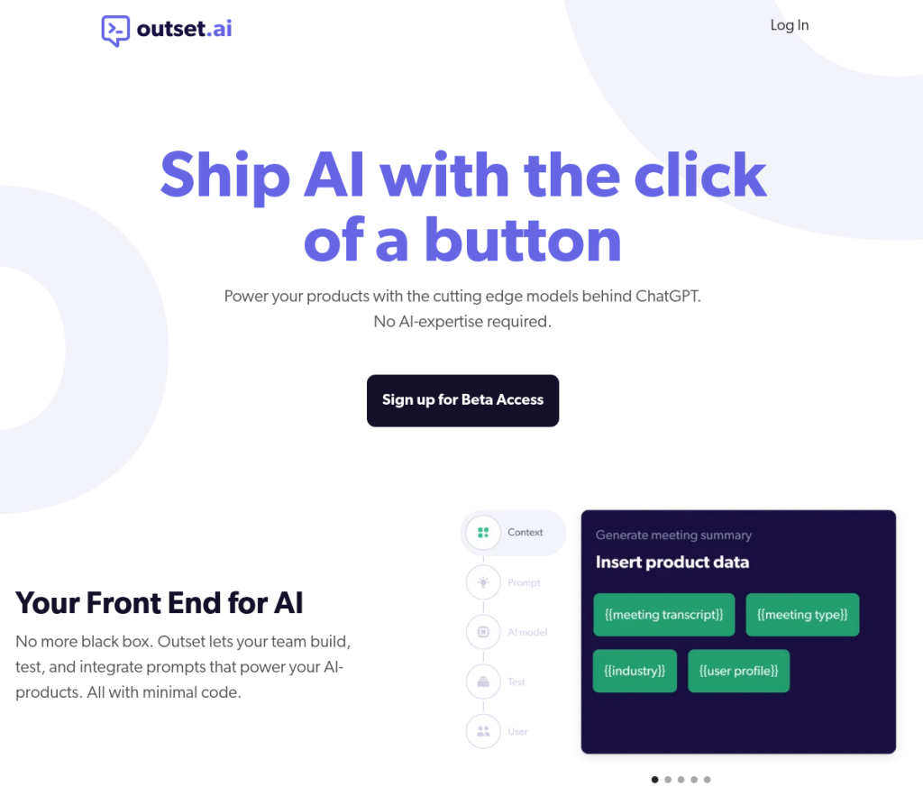 Alt: Imagem da ferramenta de login do Outset AI, uma plataforma de IA de baixo/sem código que capacita usuários a criar e implantar aplicativos de IA personalizados sem conhecimento de programação.