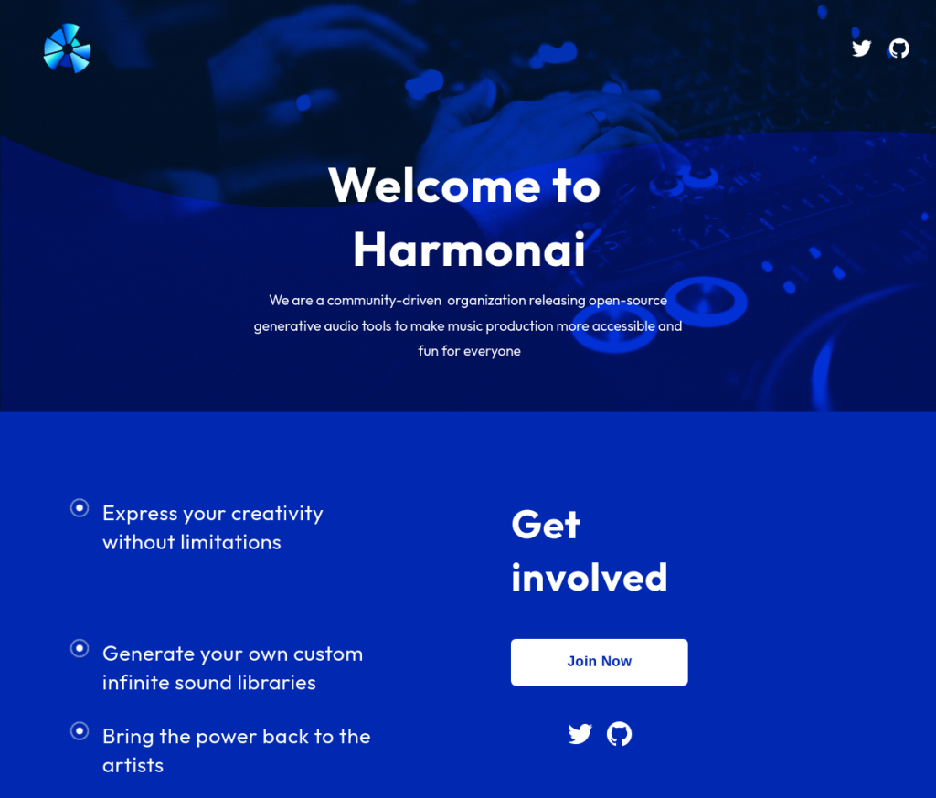 **Descrição do Alt da Imagem:**Uma imagem de uma ferramenta de IA de criação musical chamada Harmonai Login. A ferramenta é representada por um logotipo azul e branco com o texto 