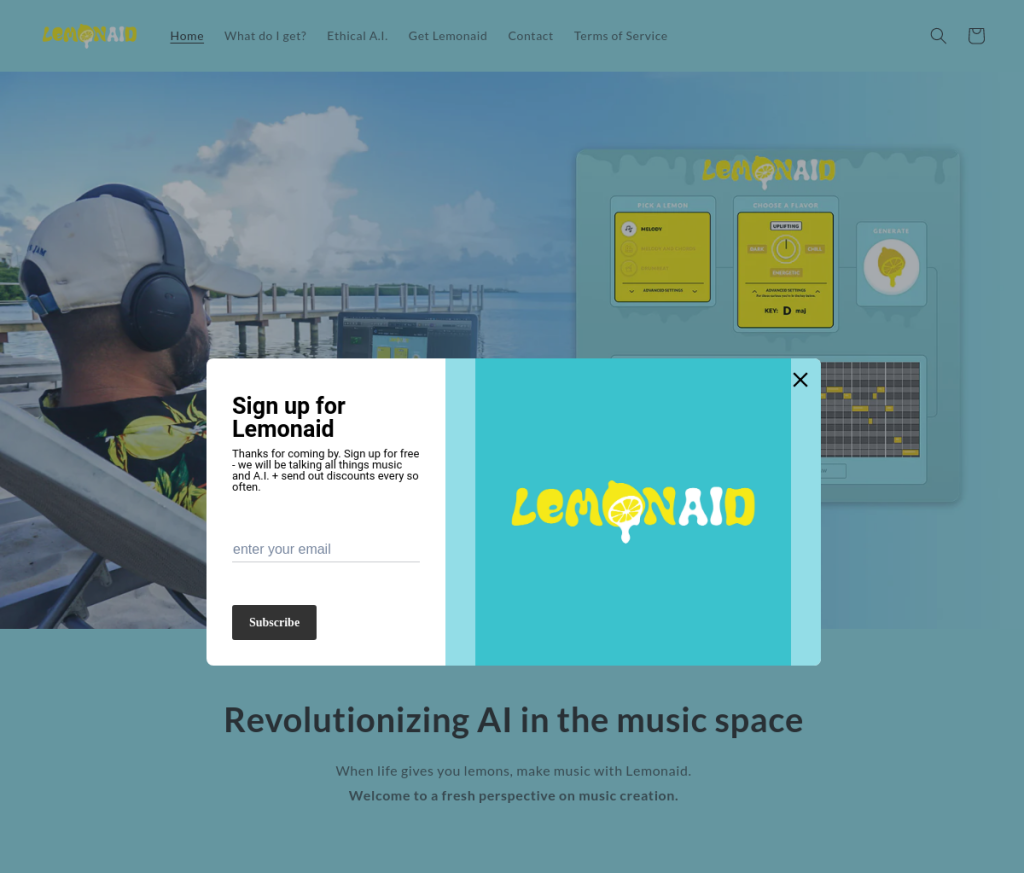 Imagem de uma tela de login com o logotipo do Lemonade Music no canto superior esquerdo. O formulário de login possui dois campos: email e senha, com um botão 