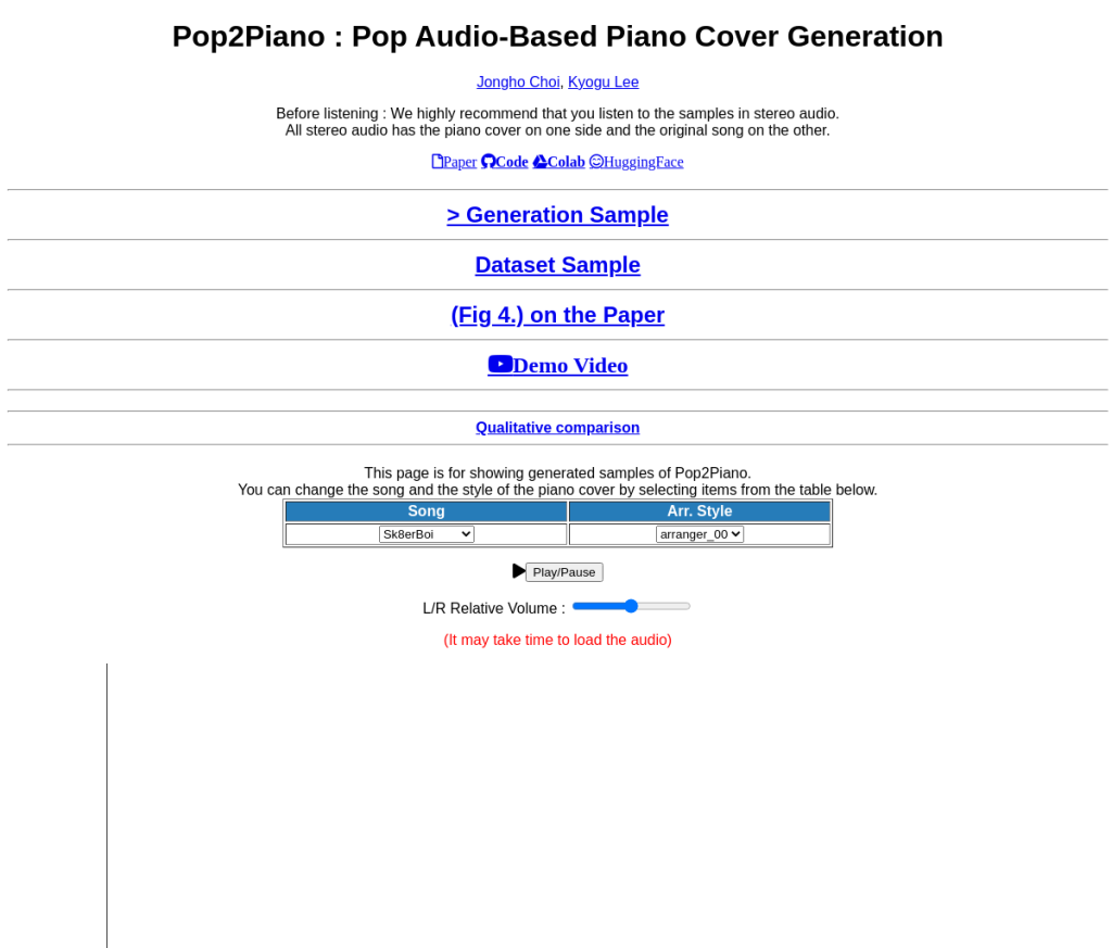 Imagem mostrando a interface do Pop2Piano, uma ferramenta de IA que converte canções populares em partituras de piano. A interface apresenta um teclado de piano com notas destacadas e uma barra de ferramentas com opções para alterar o tom, o andamento e outros parâmetros.