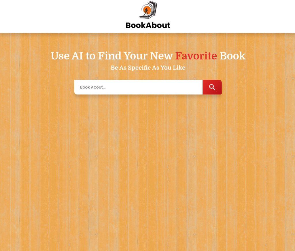 Imagem de uma página de login do BookAbout, um mecanismo de pesquisa de IA. Na página, há um campo de texto onde os usuários podem inserir suas consultas de pesquisa, bem como botões para fazer login e criar uma conta. O logotipo do BookAbout está localizado no canto superior esquerdo da página.