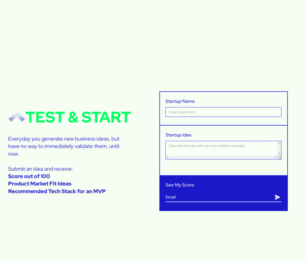Imagem do logotipo da Test & Start, uma ferramenta de IA para startups. O logotipo é um círculo verde com um ponto branco no centro. O texto 