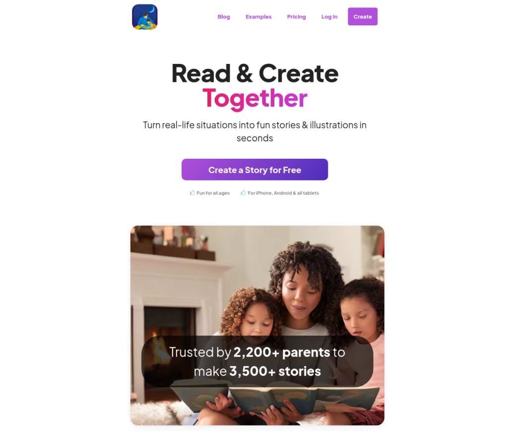 Imagem mostra o logo "Stories for Kids" com um livro aberto e um lápis. O texto abaixo do logo diz "Ferramenta IA Story Teller".