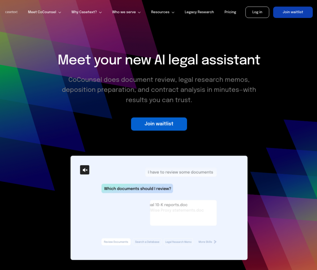**Texto Alt da Imagem:**Logo da Casetext, uma ferramenta de IA para advogados. A imagem mostra um ícone azul com as letras 