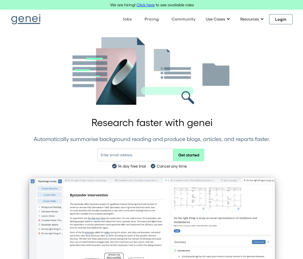 Imagem de uma tela de login com o logotipo do Genei no canto superior esquerdo. O formulário de login tem campos para endereço de e-mail e senha, além de um botão 