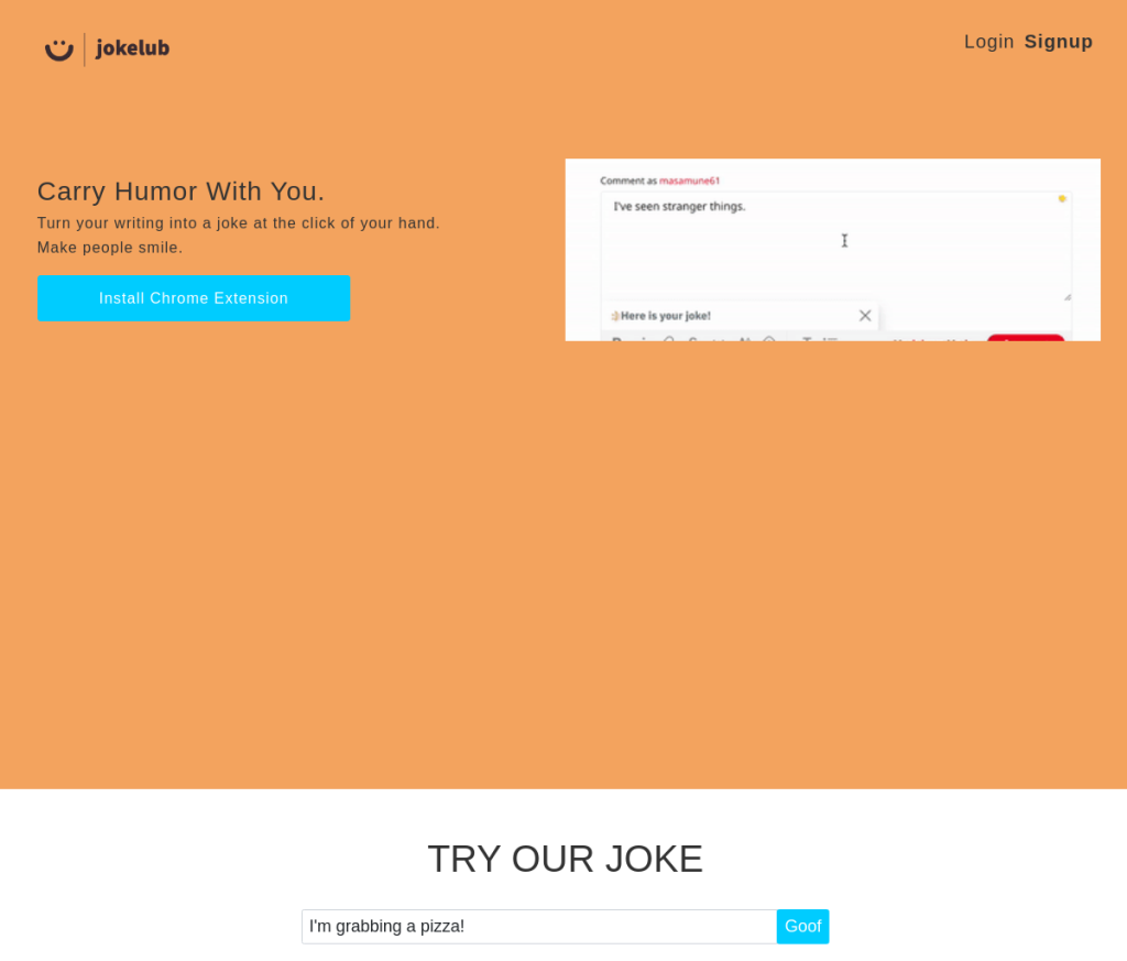 Imagem: Uma captura de tela de uma ferramenta de IA com uma barra de pesquisa e um botão "Gerar".

Texto alternativo: Captura de tela da página inicial do Jokelub, uma ferramenta de IA que gera piadas e trocadilhos. A página apresenta uma barra de pesquisa onde os usuários podem inserir um tópico ou palavra-chave e um botão "Gerar" que cria uma piada ou trocadilho com base na entrada.
