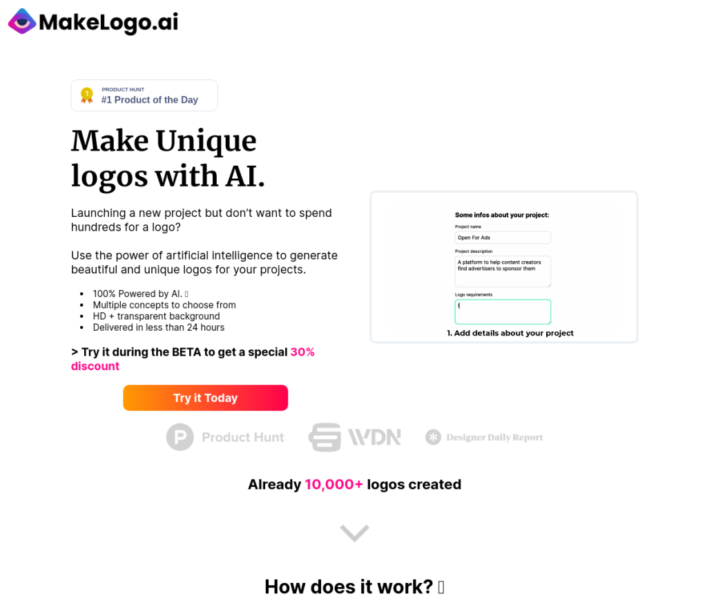 Alt: Logotipo da Make Logo AI, uma ferramenta geradora de logotipo baseada em IA. O logotipo é um círculo com as letras 
