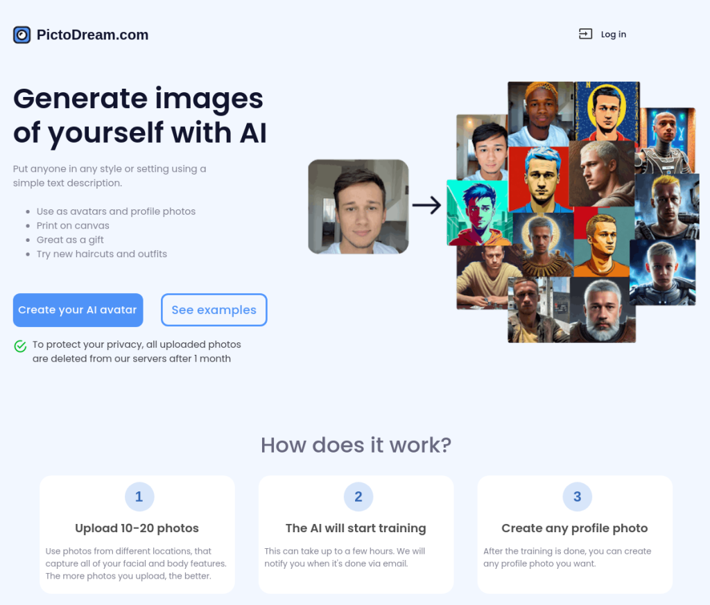 Imagem Alt: Tela de login do Pictodream, uma ferramenta de IA que cria avatares. A tela mostra um campo de entrada para e-mail e senha, um botão 