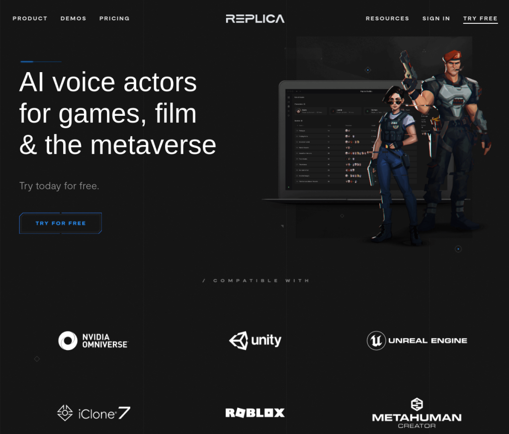Imagem de um logotipo da Replica Studios, uma ferramenta de IA de texto para fala. O logotipo é uma bolha de fala azul com um ponto vermelho no canto superior esquerdo. Dentro da bolha de fala está o texto "Replica Studios".