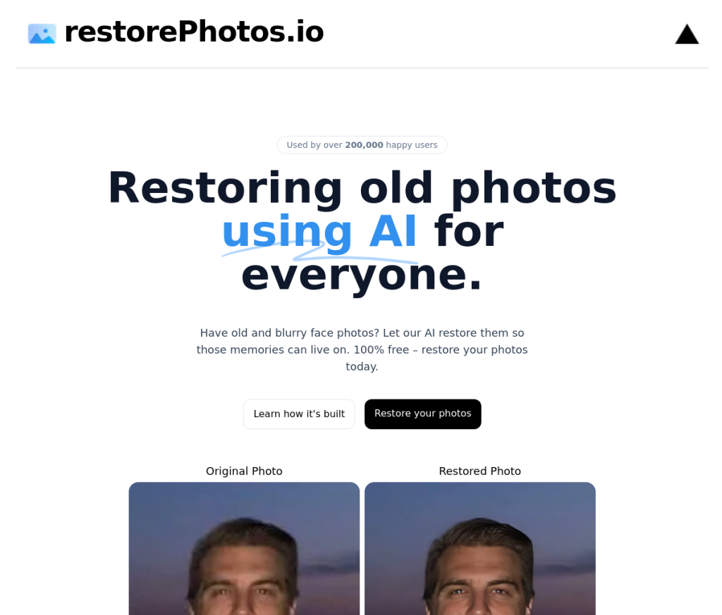 Imagem de uma ferramenta de edição de imagens de IA chamada RestorePhotos Login. A ferramenta permite aos usuários restaurar fotos antigas e danificadas, aprimorando sua qualidade e removendo imperfeições. A imagem mostra uma foto de uma mulher antiga restaurada, com cores mais brilhantes e detalhes mais nítidos.