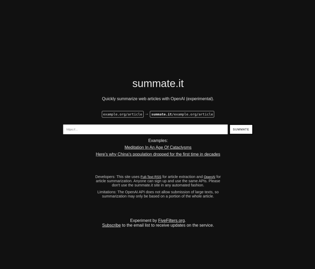 Uma captura de tela da página de login do Summate, uma ferramenta de IA que resume texto. A página apresenta um logotipo, um campo de texto para inserir texto a ser resumido e botões para fazer login ou criar uma nova conta.
