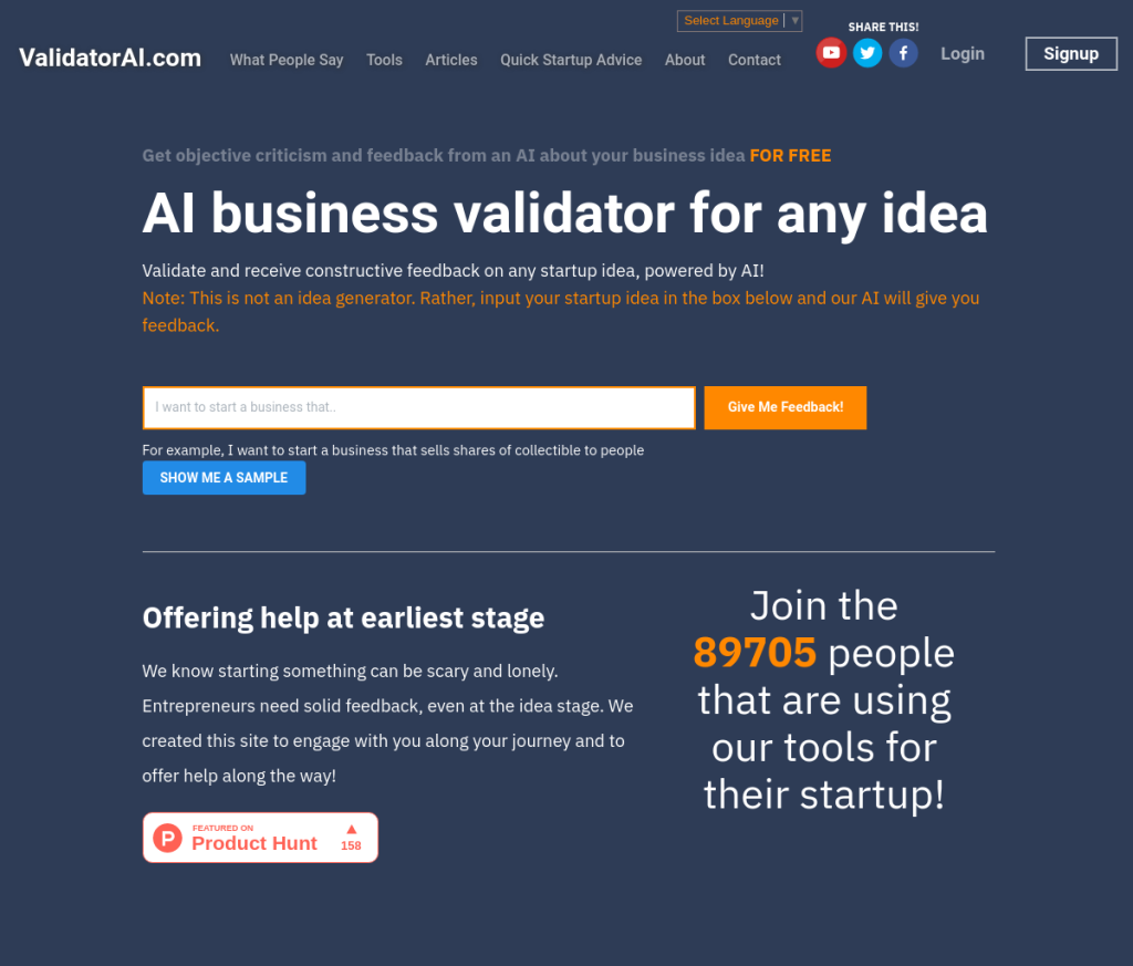 Logotipo da Validator AI, uma ferramenta de login de IA para startups. O logotipo consiste em um círculo azul com as letras 