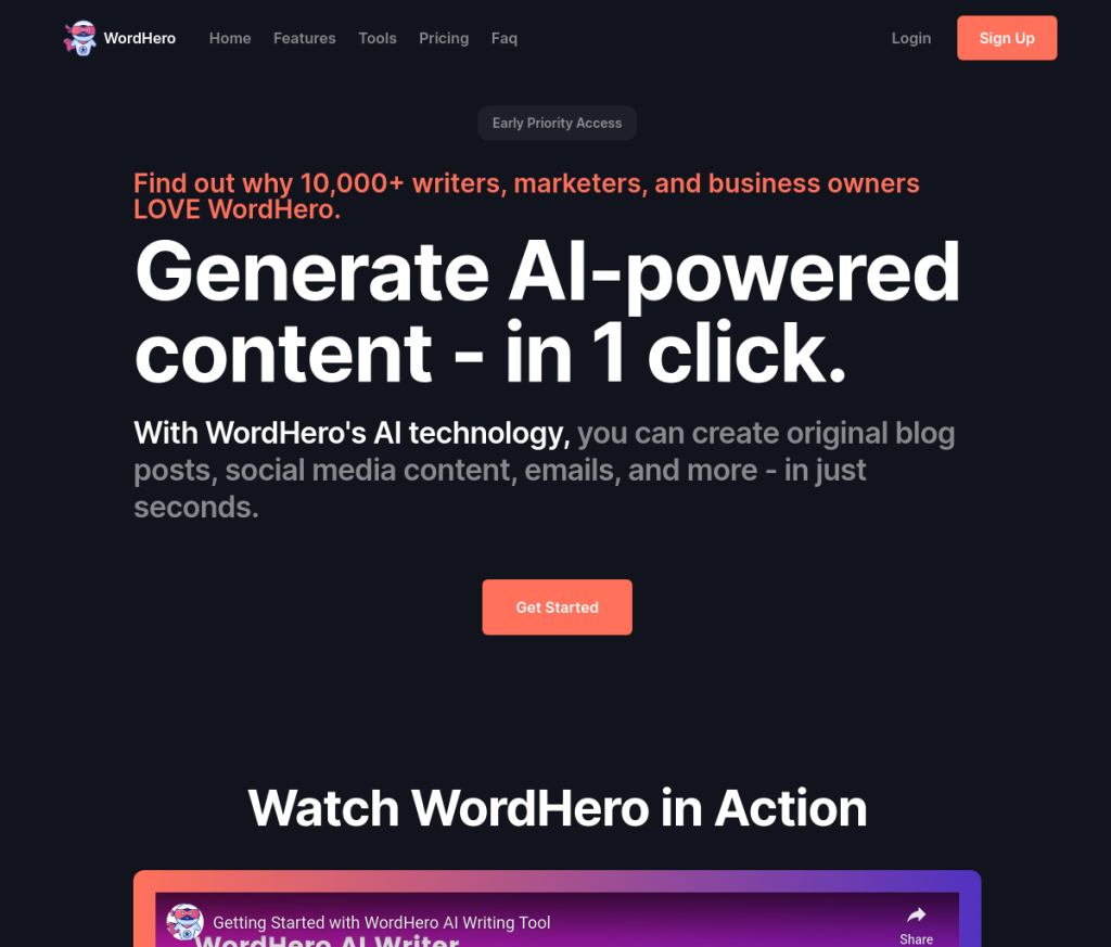 Alt da imagem: Login do WordHero, uma ferramenta de IA de SEO. O WordHero permite que os usuários criem conteúdo otimizado de SEO, incluindo artigos de blog, postagens de mídia social e descrições de produtos, para melhorar a visibilidade e o tráfego do site.