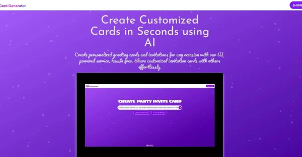 **Texto alternativo da imagem:**Uma captura de tela do site AI Card Generator. Na página inicial, há um campo de texto onde os usuários podem inserir um prompt para gerar um cartão de visita virtual. Há também botões para escolher o layout do cartão e baixar o cartão gerado.