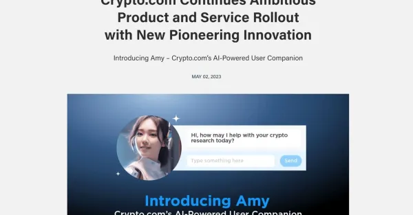 Imagem de uma interface de aplicativo com um logotipo da Crypto.com e um rosto humano estilizado. O rosto humano está falando em um balão de fala que diz "Amy, sua assistente de IA".