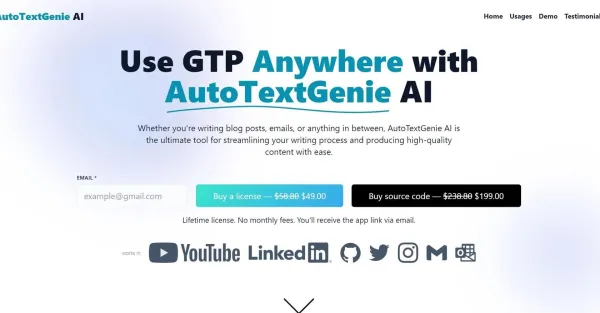 **Descrição da Imagem Alternativa**A imagem mostra a interface do AutoTextGenie AI, uma ferramenta de geração de texto alimentada por IA. Na tela, há uma caixa de texto onde os usuários podem inserir instruções ou solicitações de conteúdo. Abaixo da caixa de texto, há uma lista de sugestões de texto geradas pelo AutoTextGenie AI. Os usuários podem selecionar entre as sugestões ou continuar gerando texto até obter o resultado desejado.