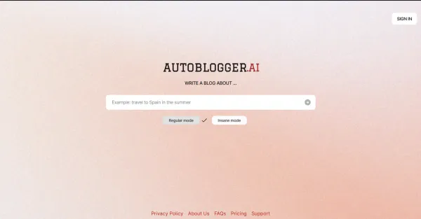 **Texto Alternativo:**Uma captura de tela da interface do Autoblogger AI, uma ferramenta de criação de conteúdo alimentada por IA. O painel exibe opções para criar postagens de blog, artigos, descrições de produtos e muito mais.