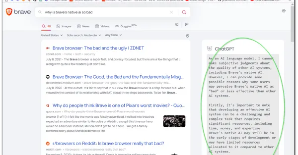 **Descrição da imagem para Alt-text:**Uma captura de tela de um navegador da web, mostrando a página inicial do BraveGPT. A página apresenta um campo de entrada de texto, um botão "Executar" e uma lista de resultados gerados. O logotipo do BraveGPT é exibido no canto superior esquerdo.