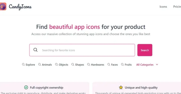 Esta é uma captura de tela do site CandyIcons, que oferece ícones gratuitos e premium para uso em projetos digitais. A imagem mostra a página inicial do site, que inclui uma barra de pesquisa para encontrar ícones, uma lista de categorias de ícones e uma seção de ícones em destaque.