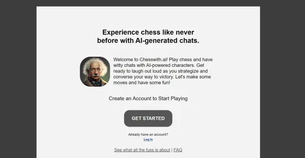 Uma captura de tela do site Chesswithai mostrando a interface do usuário, incluindo um tabuleiro de xadrez, peças de xadrez e um painel lateral com opções e recursos. O texto "Chesswithai" é exibido na parte superior da tela.