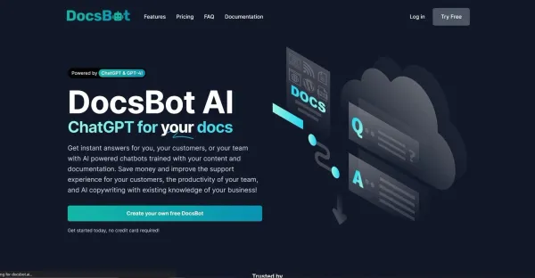 Imagem de uma interface de usuário de chat com o logotipo do DocsBot AI. A interface mostra uma caixa de diálogo com o usuário digitando uma pergunta e o DocsBot AI respondendo com uma resposta gerada por IA.
