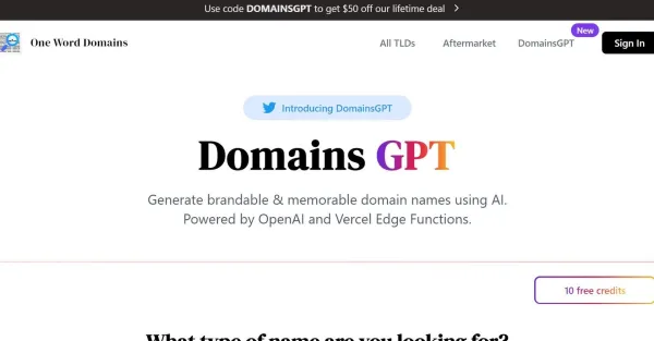 **Texto Alt:**Imagem da interface do DomainsGPT, uma plataforma de geração de nomes de domínio baseada em IA. A interface inclui uma caixa de pesquisa, opções de filtro e uma lista de nomes de domínio gerados com informações como disponibilidade, extensão e relevância.