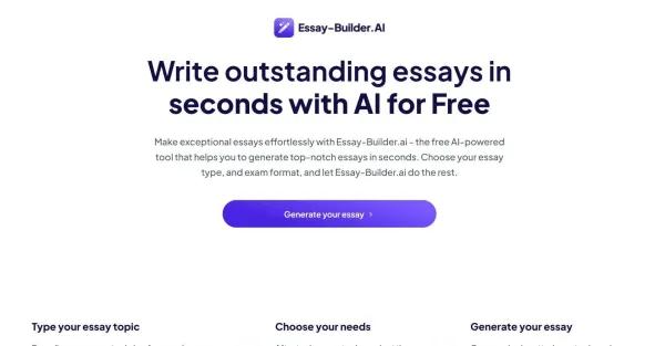 **Descrição do Alt:**Imagem de uma página da web com o logotipo do Essay-Builder AI no canto superior esquerdo. O site oferece uma variedade de recursos para ajudar os usuários a escrever ensaios, incluindo um gerador de tópicos, um esboço e um verificador de plágio.