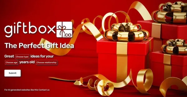 Imagem de uma caixa de presente vermelha amarrada com uma fita vermelha e um laço. O fundo é branco. O texto "Giftbox" está escrito em branco na caixa de presente.