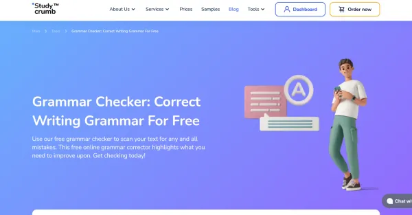 Imagem de um homem usando um laptop com o logotipo do Grammar Checker na tela. O texto ao lado da imagem diz: "Grammar Checker: verifique sua gramática e ortografia com facilidade."