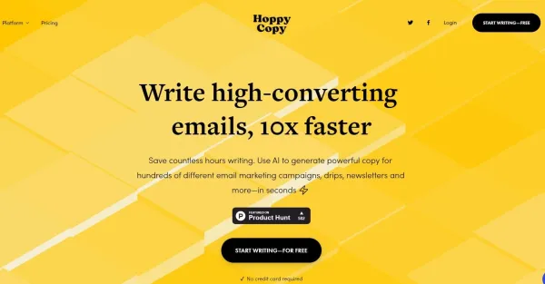 **Texto alternativo:**Imagem de uma tela de login com o logotipo do HoppyCopy no canto superior esquerdo. Abaixo do logotipo, há um campo de entrada de e-mail e um campo de entrada de senha. À direita dos campos de entrada, há um botão "Entrar".